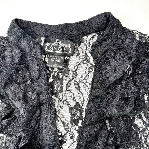 Black Lace Top Med Sheer Ruffles Romantic Goth Y2K Victorian Vampcore Angie - Picture 3 of 8
